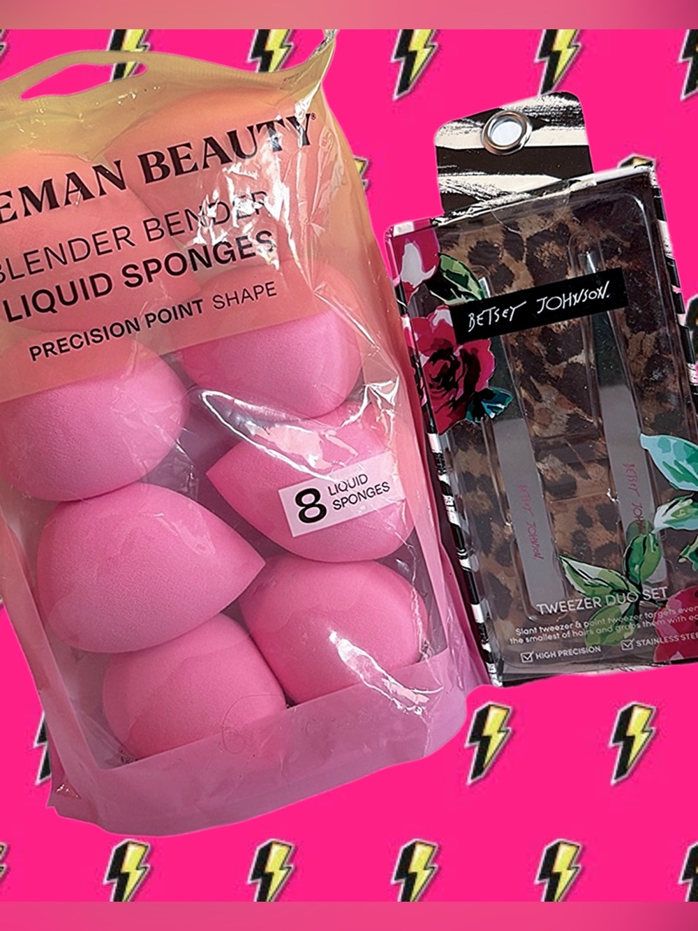 Betsey Johnson Tweezer Set + Pink Liquid Makeup Sponges